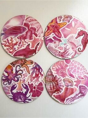 Hand Crafted Pink Ocean Life Wooden Coasters - Set of 4